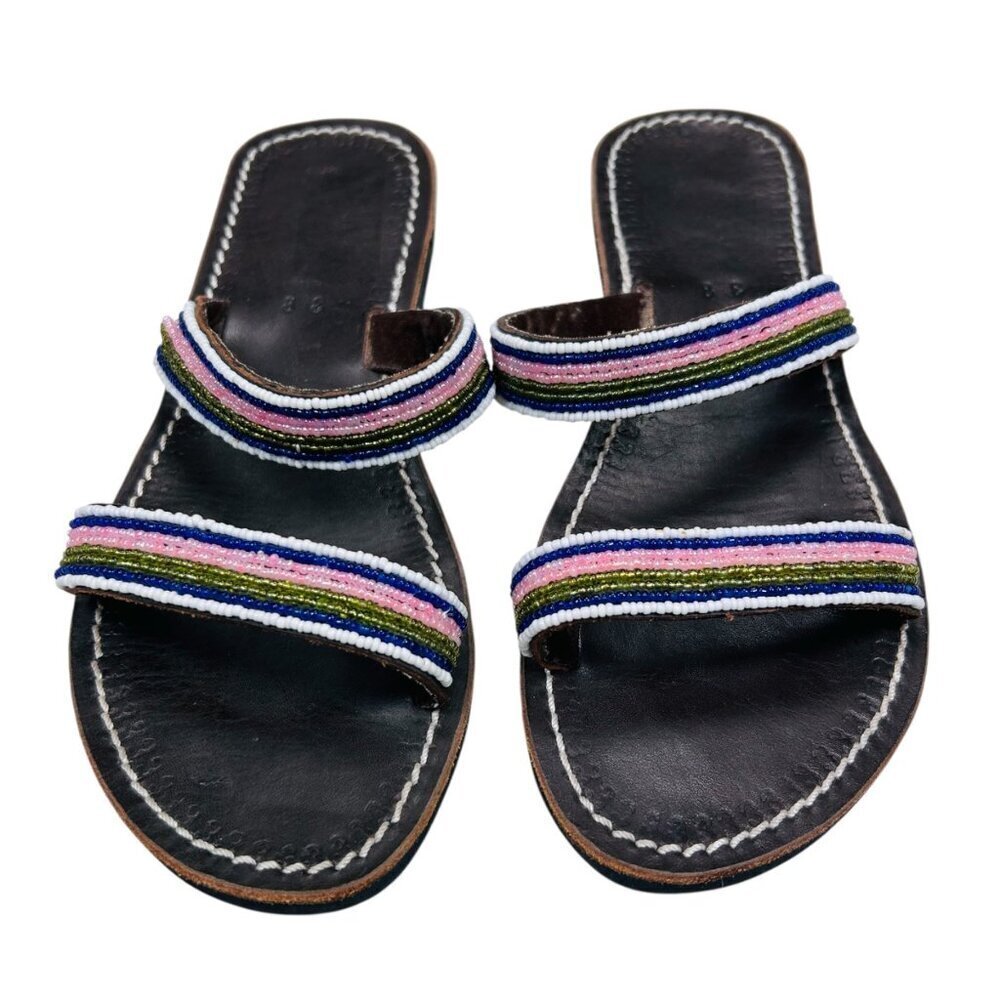 Handmade Beaded Brown Leather Sandal 38 Size 8 Women Boho Coastal